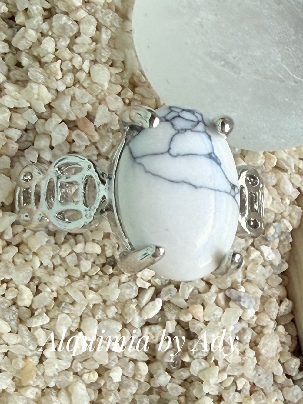 Boho + White Howlite oval Ring with Silver Accents